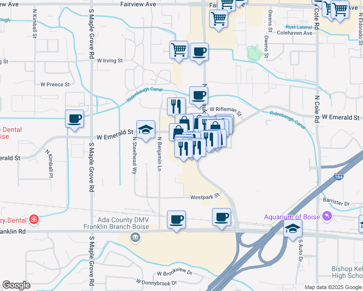 map of restaurants, bars, coffee shops, grocery stores, and more near 633 North Milwaukee Street in Boise