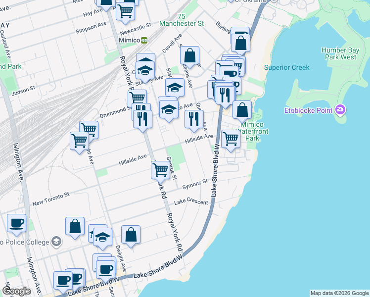 map of restaurants, bars, coffee shops, grocery stores, and more near 61 Central Street in Toronto