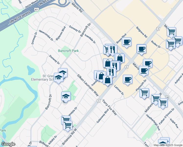 map of restaurants, bars, coffee shops, grocery stores, and more near 6100 Ford Road in Mississauga