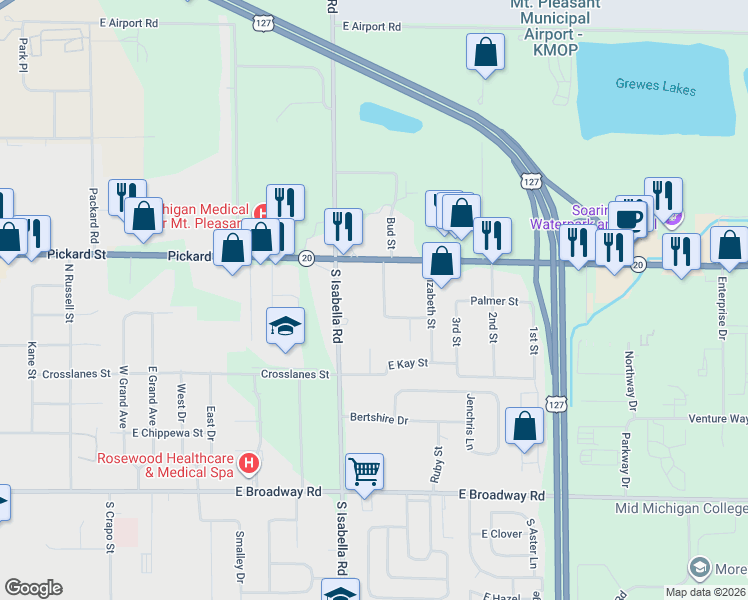 map of restaurants, bars, coffee shops, grocery stores, and more near 5014 East Pickard Road in Mount Pleasant