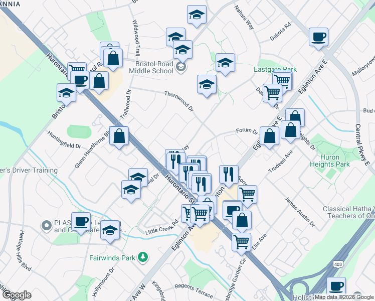 map of restaurants, bars, coffee shops, grocery stores, and more near 76 Nahani Way in Mississauga