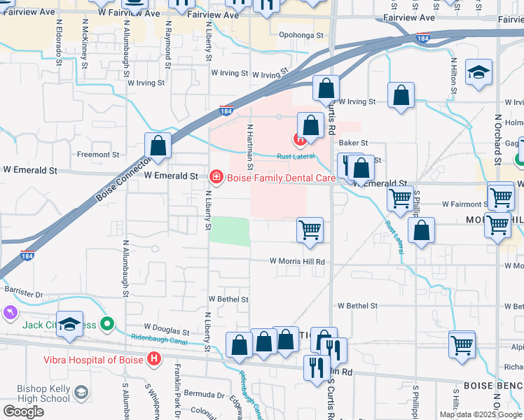 map of restaurants, bars, coffee shops, grocery stores, and more near 6160 West Denton Street in Boise