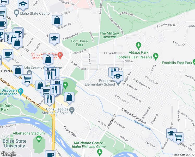 map of restaurants, bars, coffee shops, grocery stores, and more near 712 East Jefferson Street in Boise