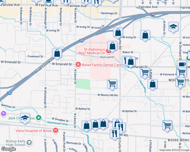 map of restaurants, bars, coffee shops, grocery stores, and more near 6165 Emerald Street in Boise