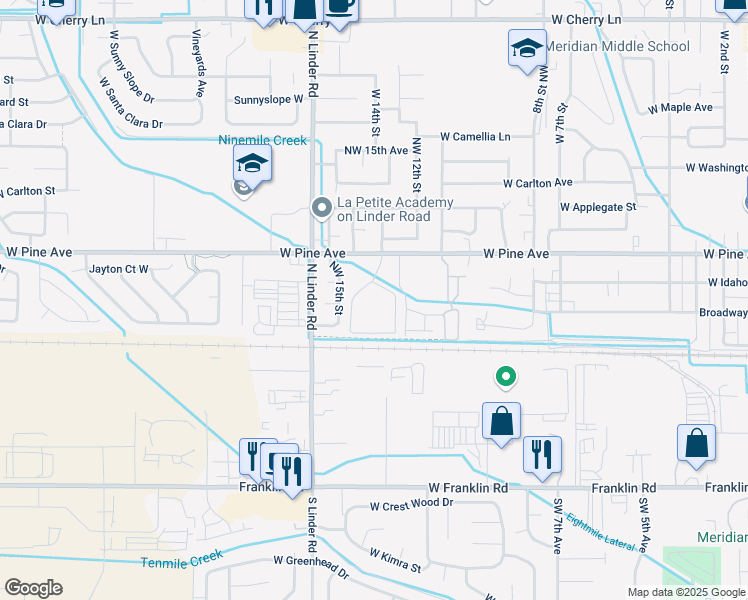 map of restaurants, bars, coffee shops, grocery stores, and more near 1351 West Pine Avenue in Meridian