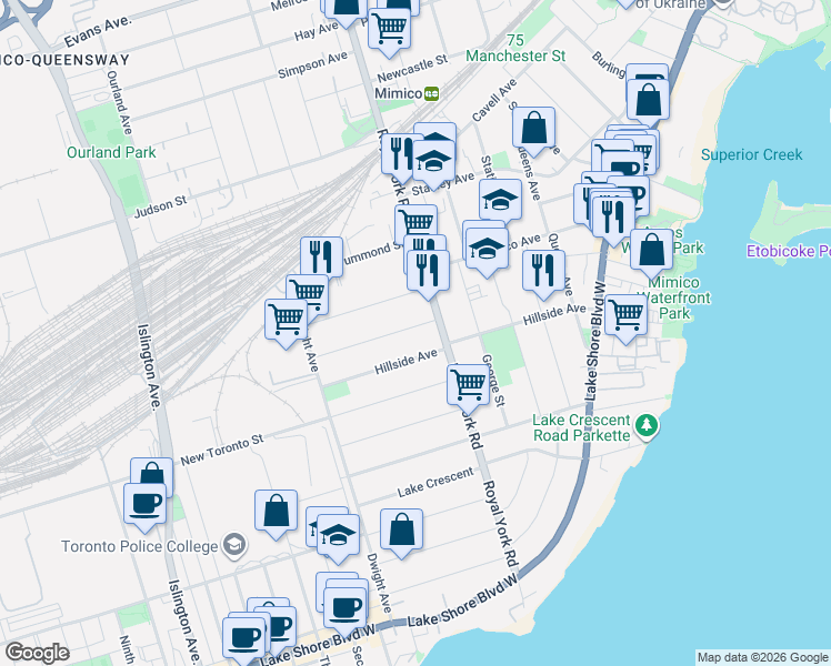 map of restaurants, bars, coffee shops, grocery stores, and more near in Toronto