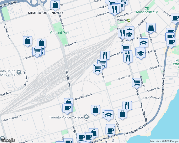 map of restaurants, bars, coffee shops, grocery stores, and more near 225 Birmingham Street in Toronto