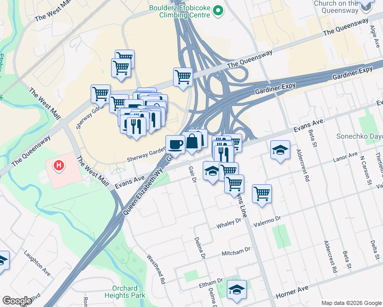 map of restaurants, bars, coffee shops, grocery stores, and more near Gardiner Expressway in Toronto