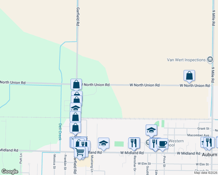map of restaurants, bars, coffee shops, grocery stores, and more near 883 West North Union Road in Auburn