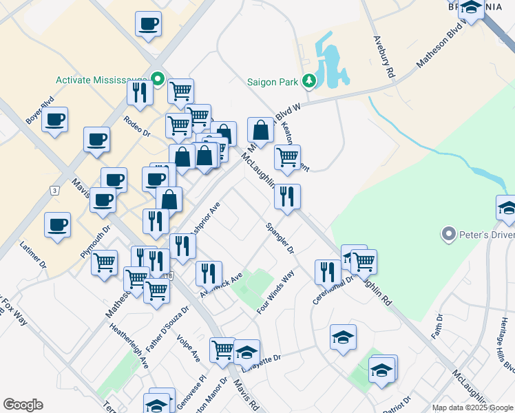 map of restaurants, bars, coffee shops, grocery stores, and more near 5667 Spangler Drive in Mississauga