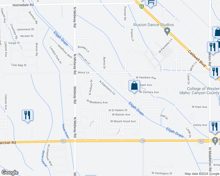 map of restaurants, bars, coffee shops, grocery stores, and more near 11744 West Huckleberry Drive in Nampa