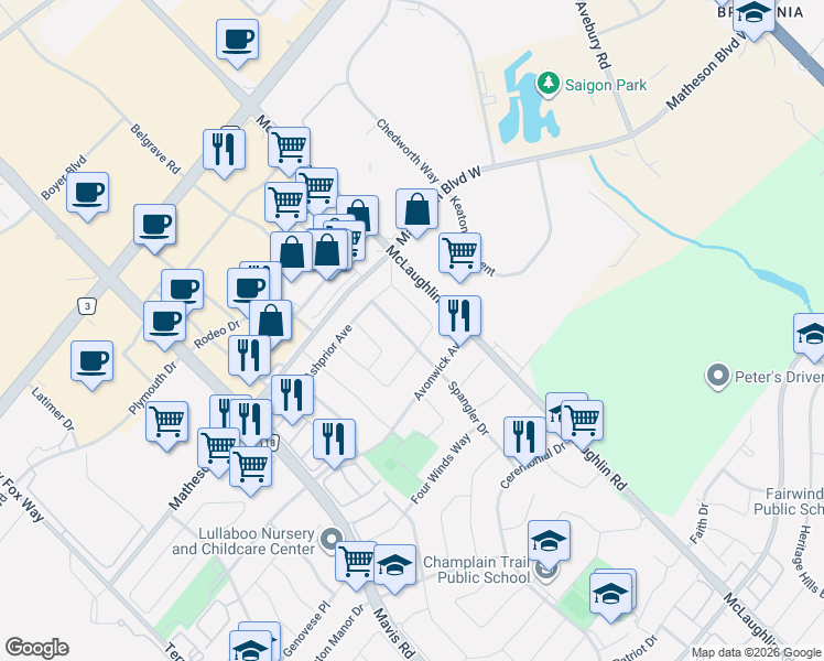 map of restaurants, bars, coffee shops, grocery stores, and more near 5667 Spangler Drive in Mississauga
