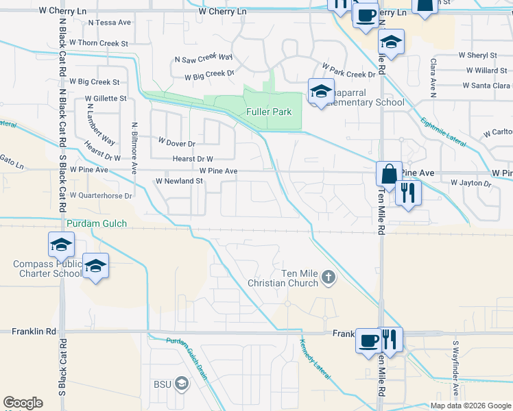 map of restaurants, bars, coffee shops, grocery stores, and more near 713 North Kirkbride Avenue in Meridian