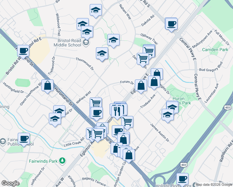 map of restaurants, bars, coffee shops, grocery stores, and more near 180 Forum Drive in Mississauga
