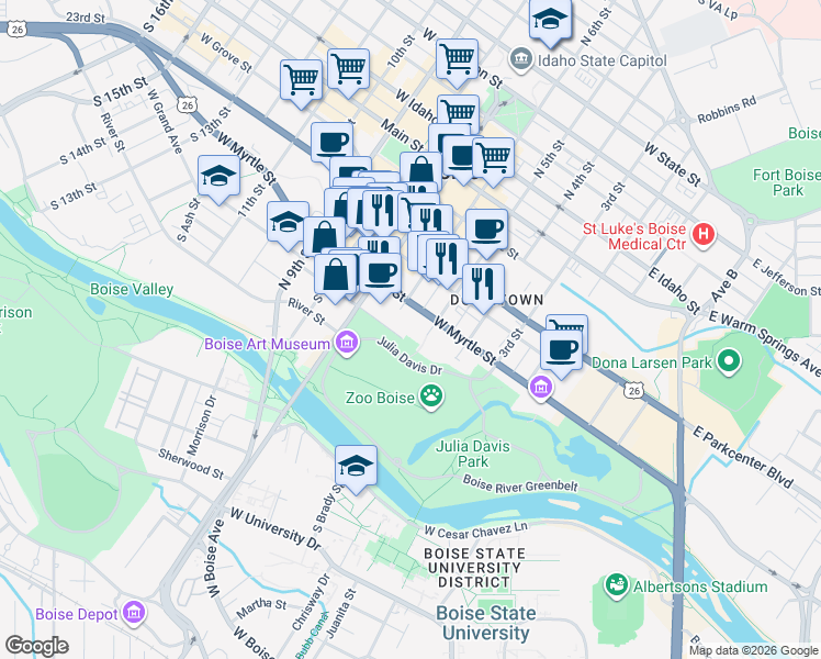 map of restaurants, bars, coffee shops, grocery stores, and more near 565 West Myrtle Street in Boise