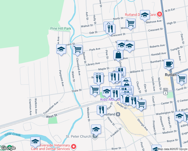 map of restaurants, bars, coffee shops, grocery stores, and more near 130 Maple Street in Rutland