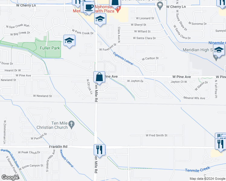 map of restaurants, bars, coffee shops, grocery stores, and more near 3007 West Marbeth Court in Meridian