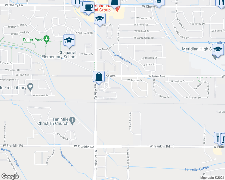 map of restaurants, bars, coffee shops, grocery stores, and more near 3003 West Marbeth Court in Meridian