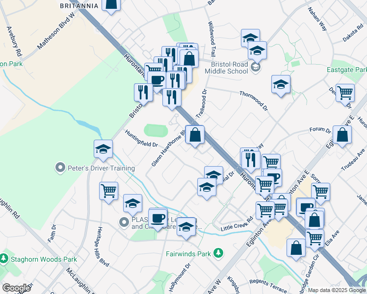 map of restaurants, bars, coffee shops, grocery stores, and more near 80 Strathaven Drive in Mississauga