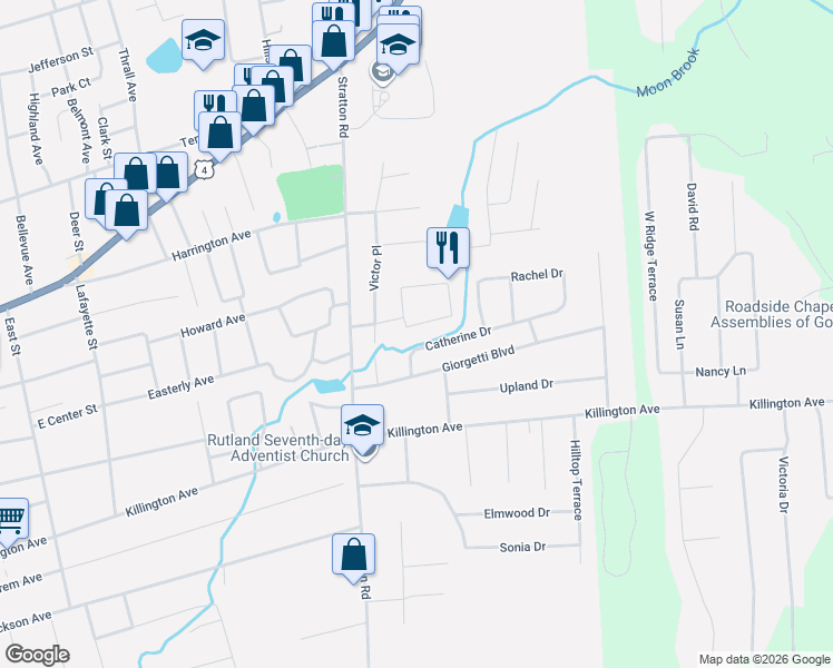 map of restaurants, bars, coffee shops, grocery stores, and more near 5 Moonbrook Drive in Rutland