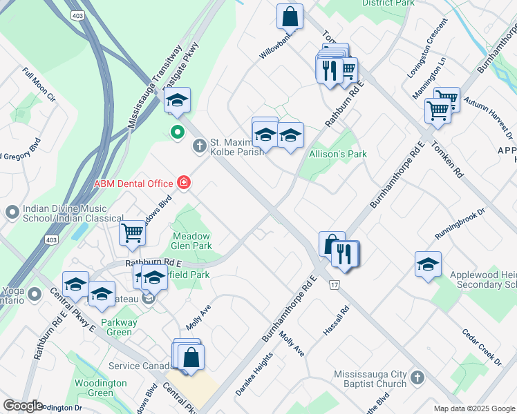 map of restaurants, bars, coffee shops, grocery stores, and more near 4126 Cawthra Road in Mississauga