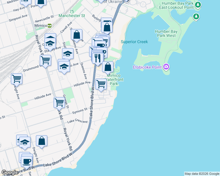 map of restaurants, bars, coffee shops, grocery stores, and more near 6 Norris Crescent in Toronto