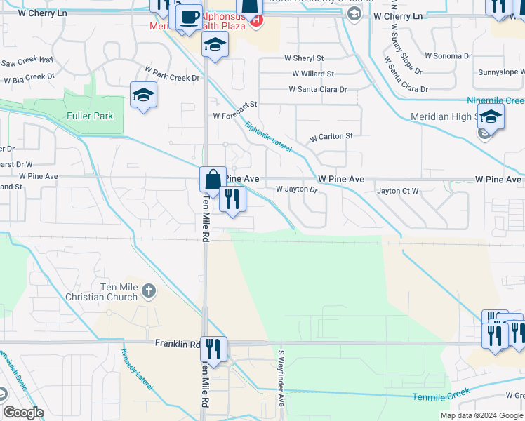 map of restaurants, bars, coffee shops, grocery stores, and more near 2935 West Jayton Drive in Meridian