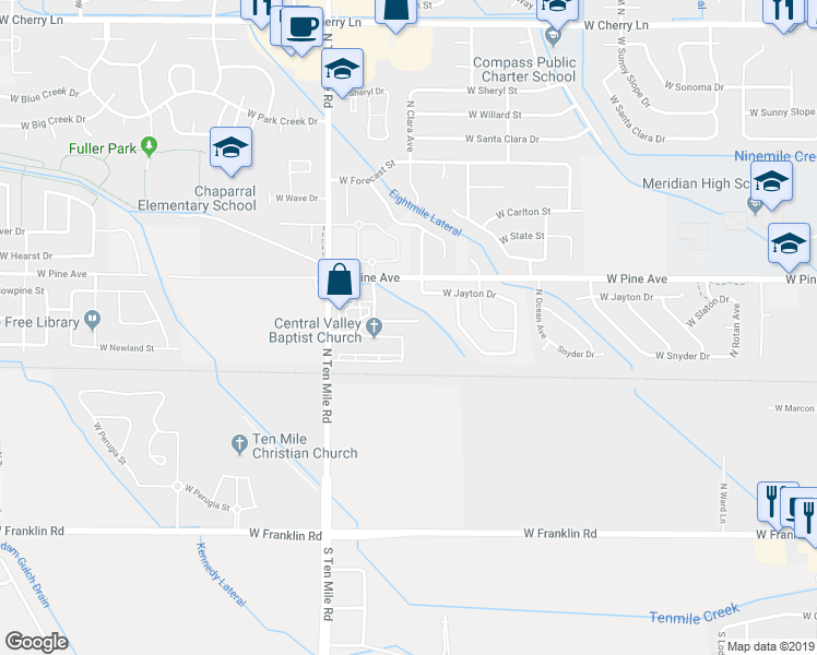 map of restaurants, bars, coffee shops, grocery stores, and more near 2935 West Jayton Drive in Meridian