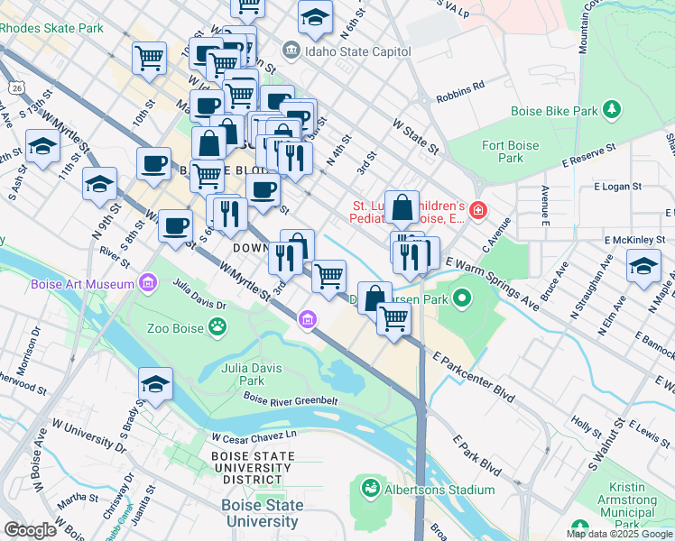 map of restaurants, bars, coffee shops, grocery stores, and more near 200 West Front Street in Boise
