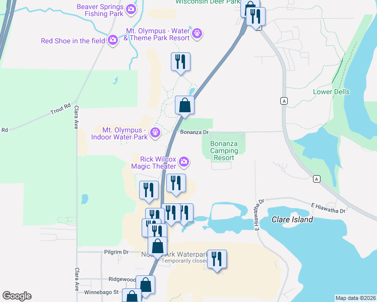 map of restaurants, bars, coffee shops, grocery stores, and more near 1770 Wisconsin Dells Parkway in Wisconsin Dells