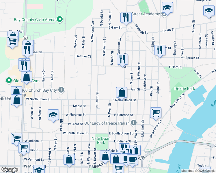 map of restaurants, bars, coffee shops, grocery stores, and more near 909 North Dean Street in Bay City