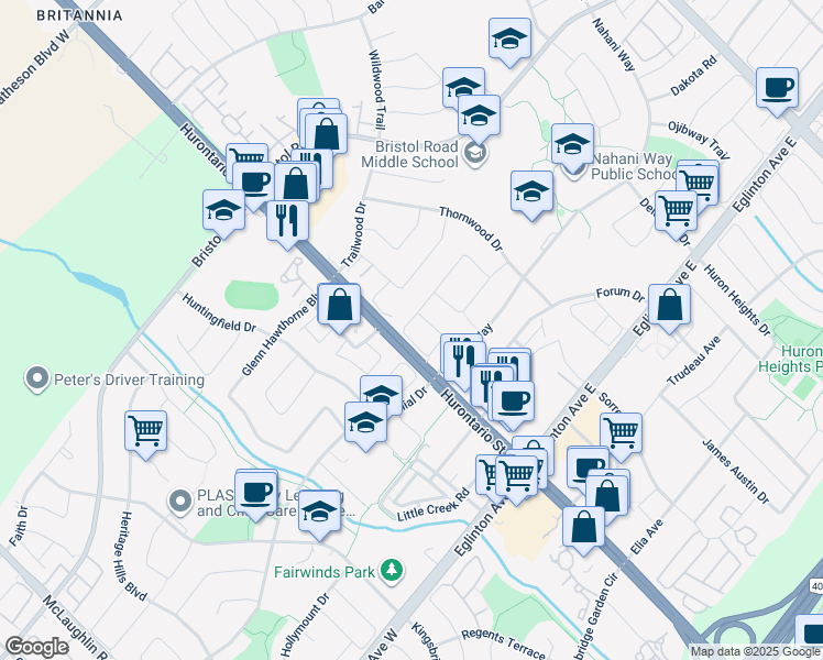 map of restaurants, bars, coffee shops, grocery stores, and more near 91 Breton Avenue in Mississauga