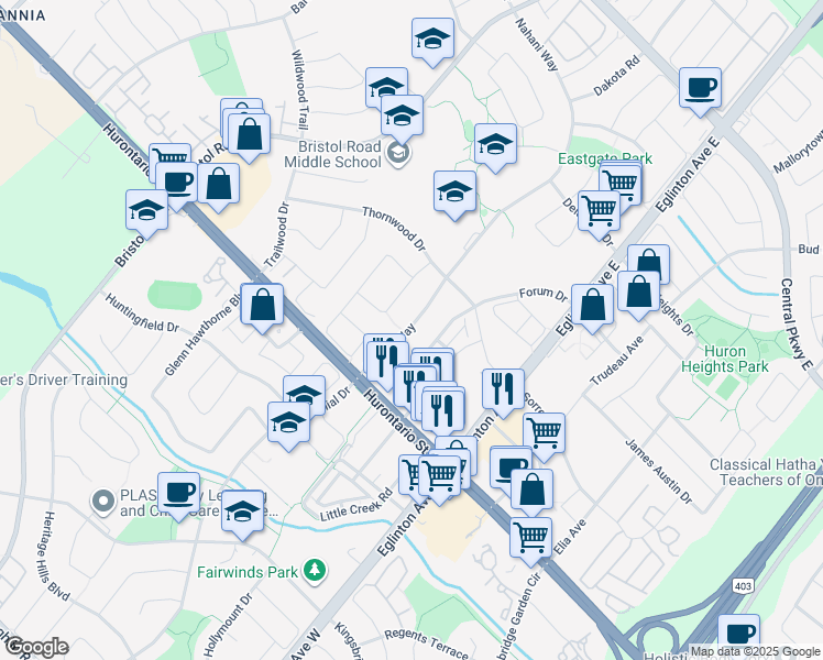 map of restaurants, bars, coffee shops, grocery stores, and more near Nahani Way in Mississauga