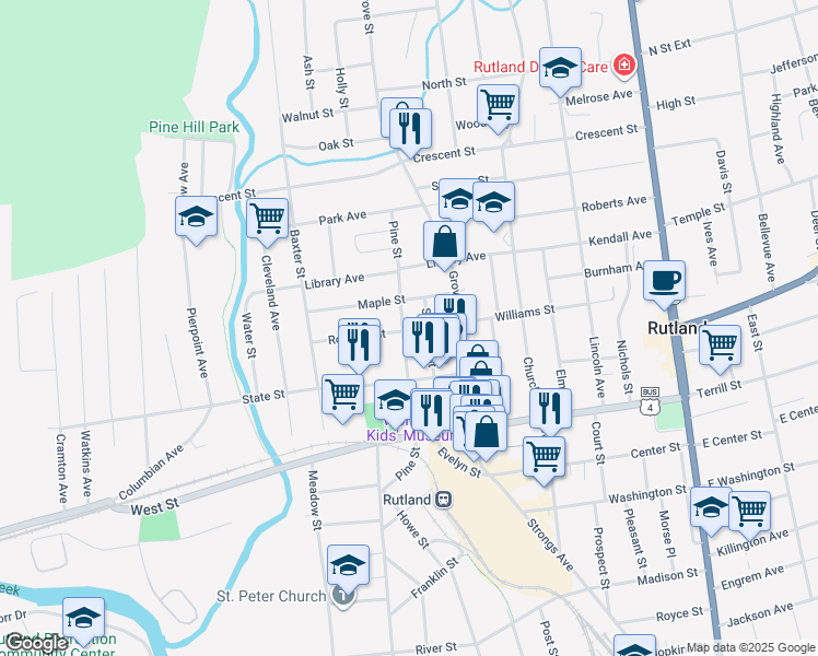 map of restaurants, bars, coffee shops, grocery stores, and more near 42 Pine Street in Rutland
