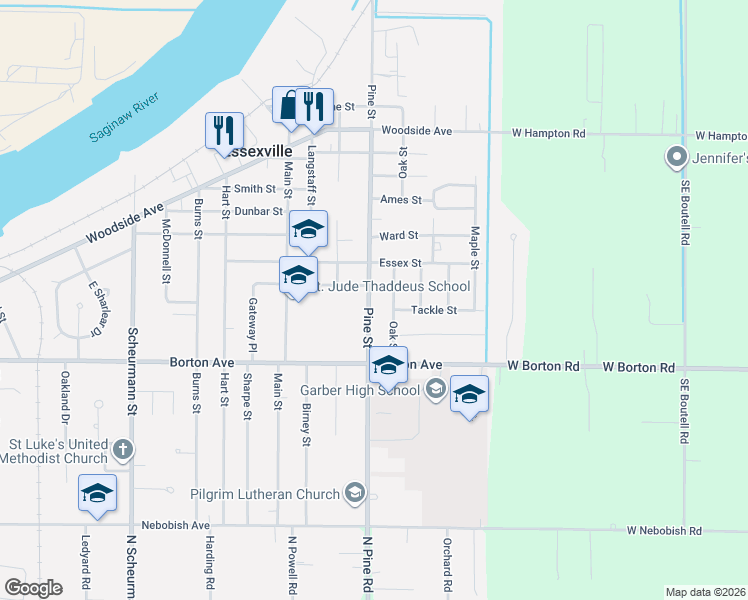 map of restaurants, bars, coffee shops, grocery stores, and more near 704 Oak Street in Essexville