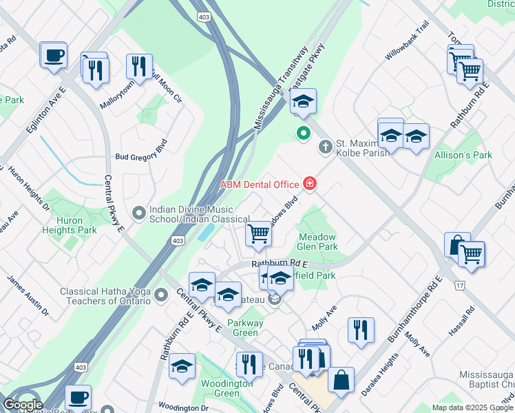 map of restaurants, bars, coffee shops, grocery stores, and more near 525 Meadows Boulevard in Mississauga