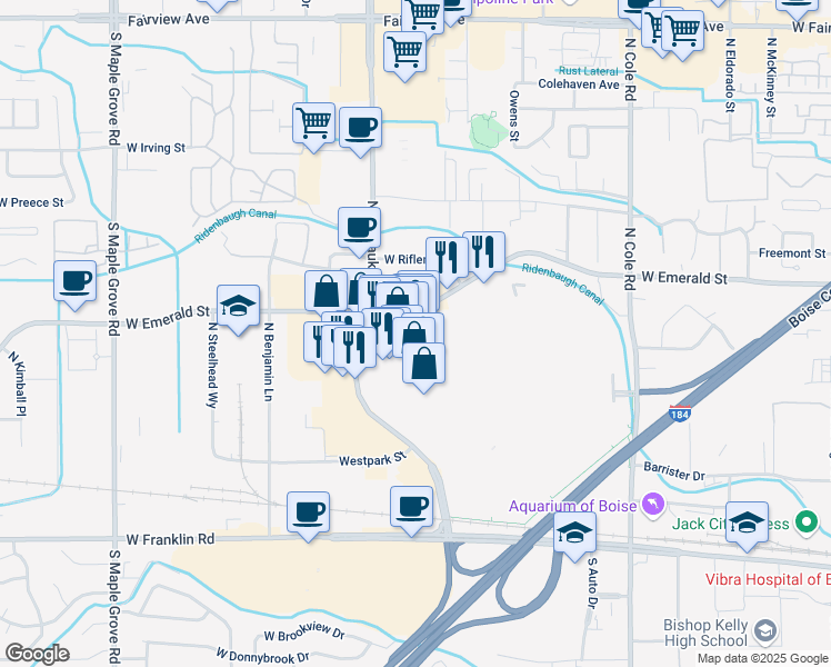 map of restaurants, bars, coffee shops, grocery stores, and more near 8111-8199 West Emerald Street in Boise