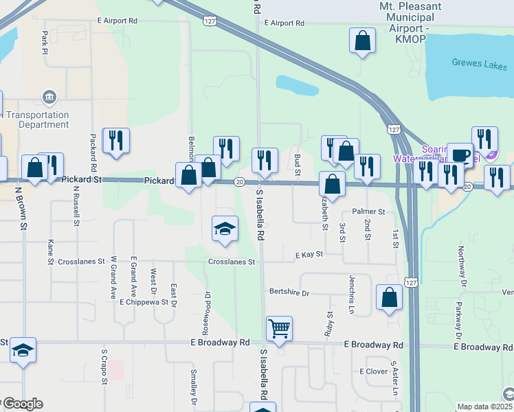 map of restaurants, bars, coffee shops, grocery stores, and more near 2054 South Isabella Road in Mount Pleasant