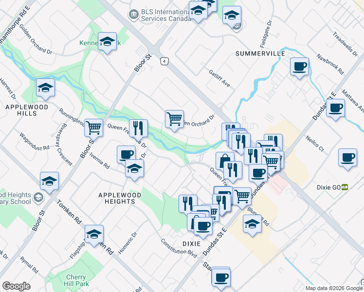 map of restaurants, bars, coffee shops, grocery stores, and more near 3145 Queen Frederica Drive in Mississauga