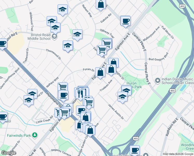 map of restaurants, bars, coffee shops, grocery stores, and more near 4950 Albina Way in Mississauga