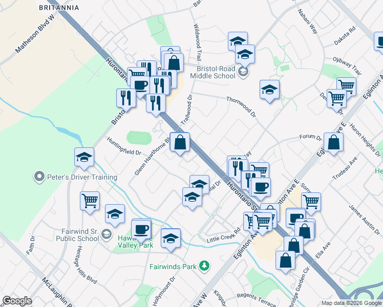map of restaurants, bars, coffee shops, grocery stores, and more near 55 Strathaven Drive in Mississauga