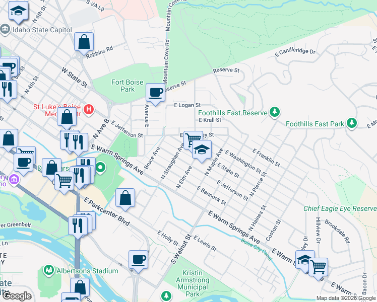 map of restaurants, bars, coffee shops, grocery stores, and more near 808 East State Street in Boise