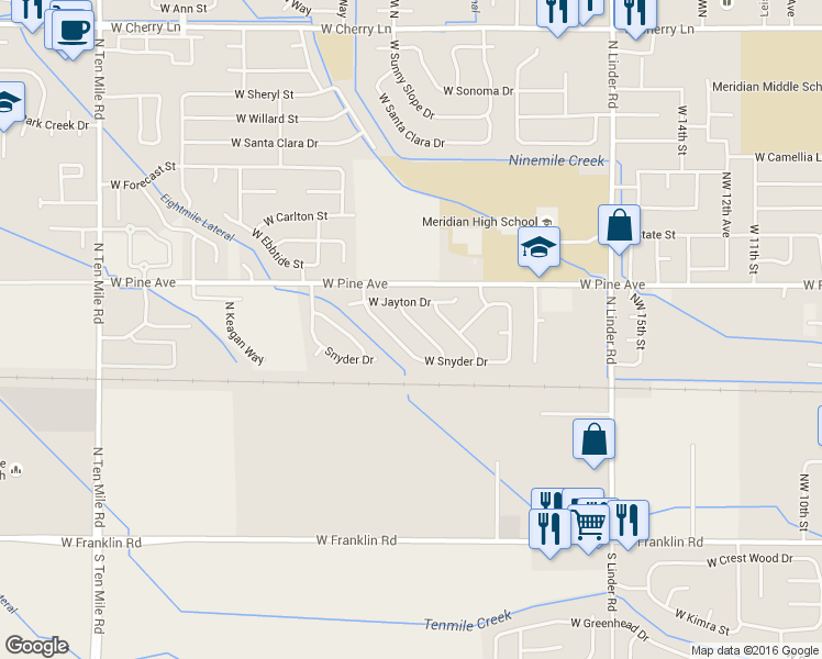map of restaurants, bars, coffee shops, grocery stores, and more near 659 North Tidwell Way in Meridian