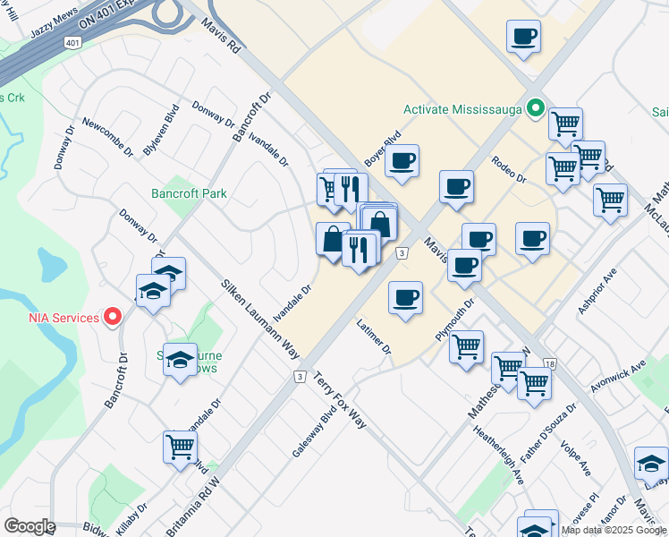 map of restaurants, bars, coffee shops, grocery stores, and more near 785 Britannia Road West in Mississauga