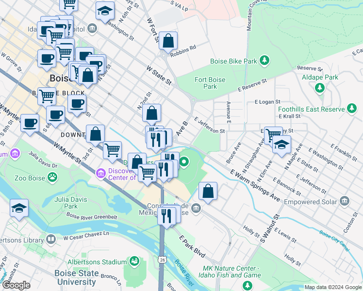 map of restaurants, bars, coffee shops, grocery stores, and more near 310 East Warm Springs Avenue in Boise
