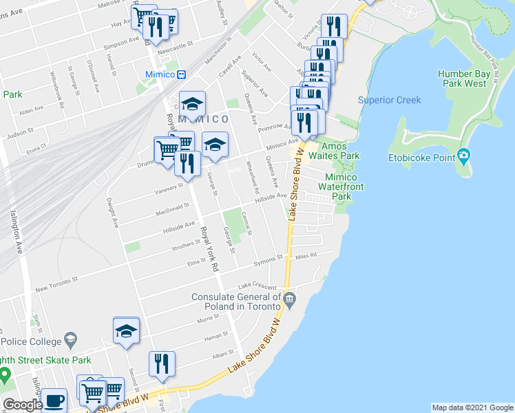 map of restaurants, bars, coffee shops, grocery stores, and more near in Toronto