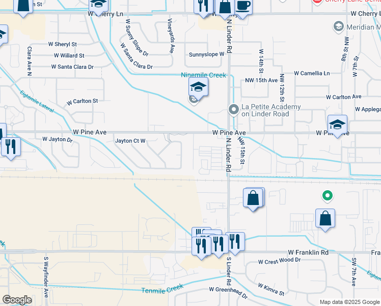 map of restaurants, bars, coffee shops, grocery stores, and more near 759 North Tall Pine Place in Meridian