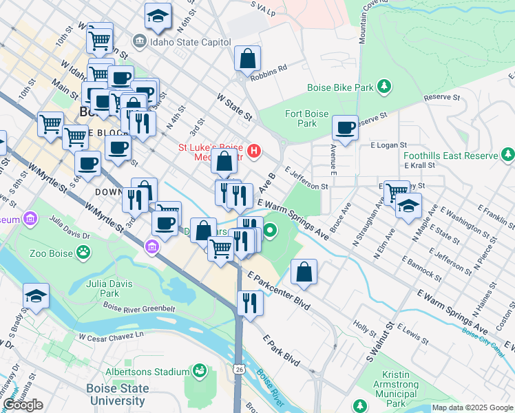 map of restaurants, bars, coffee shops, grocery stores, and more near 50 Broadway Avenue in Boise