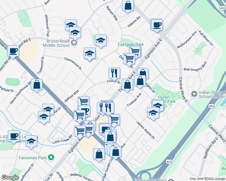 map of restaurants, bars, coffee shops, grocery stores, and more near 190 Forum Drive in Mississauga