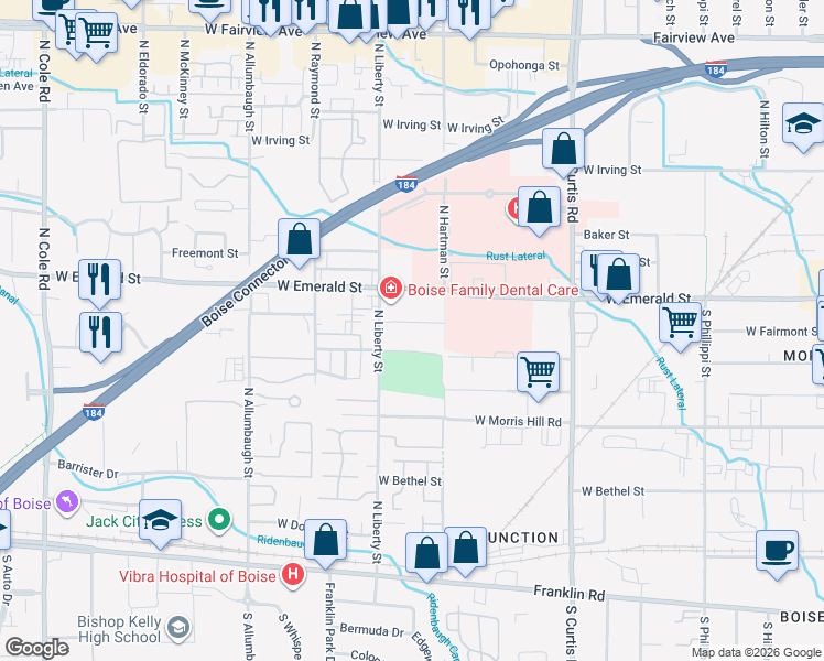 map of restaurants, bars, coffee shops, grocery stores, and more near 6300 West Denton Street in Boise